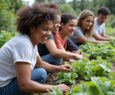 A diverse group of people smiling and interacting in a community garden, emphasizing empowerment and shared knowledge in a healthy lifestyle.
