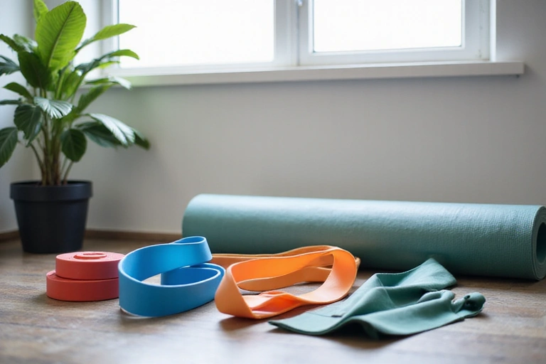 Various resistance bands and dumbbells neatly arranged in a home gym setting, symbolizing strength training and fitness.