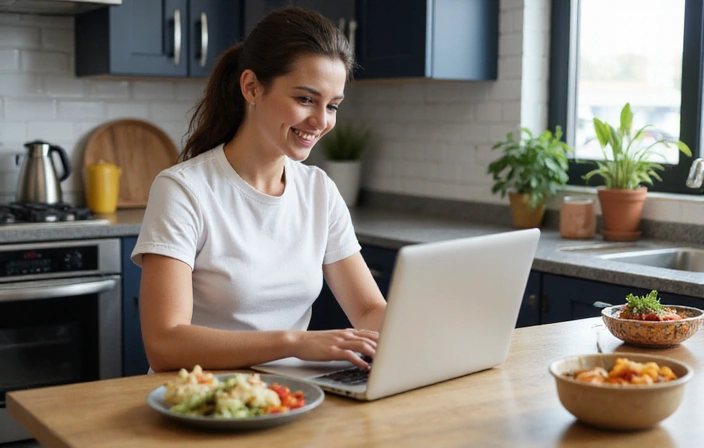 Person on laptop with healthy food, showing flexibility