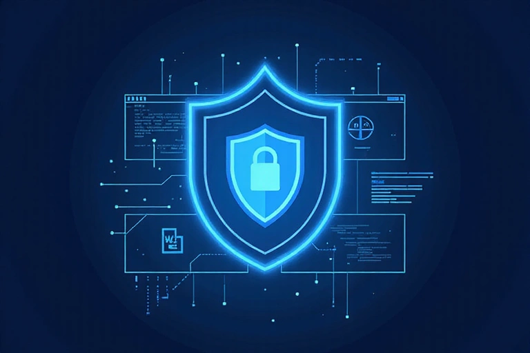 Digital illustration of a shield protecting a website, symbolizing cybersecurity and prohibited activities